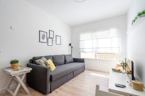 Moderno salón en apartamento de Nerja con sofá gris, luz natural y decoración minimalista en Apartamentos Minaga