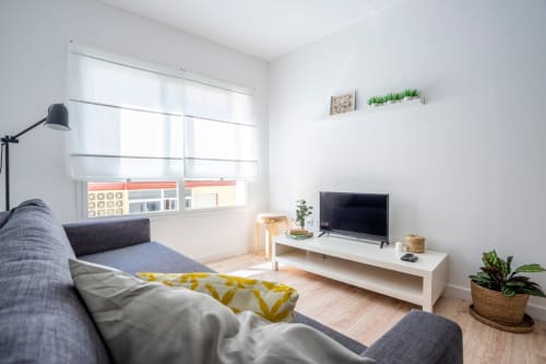 Moderno salón en apartamento de Nerja con sofá gris, televisor, plantas y grandes ventanas con vistas a la calle