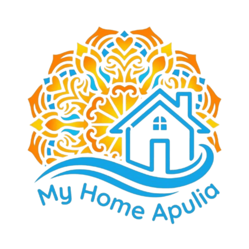 Logo My Home Apulia con casa blu decorata da mandala ornamentale in arancione e giallo, Veglie, Italia