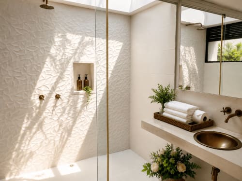Baño de estilo spa moderno en La Masia Hotel Boutique con azulejos blancos texturados, accesorios de latón y luz natural