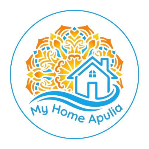 Logo My Home Apulia con una casa blu decorata da un mandala ornamentale a Veglie, Italia