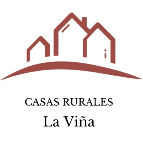 Logo de Casas Rurales La Viña con tres casas rojas y paisaje ondulante en Cuzcurrita de Río Tirón
