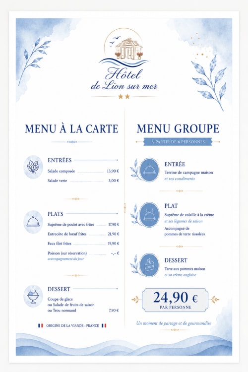 Menu de l'Hôtel de Lion sur Mer présentant des formules à la carte et menus de groupe de cuisine française avec tarifs