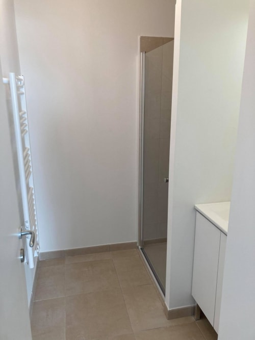 Ingresso moderno del bagno presso Résidence Marina di Bravone, Linguizzetta con cabina doccia e vanity