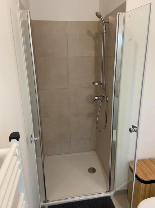 Douche moderne avec paroi en verre et pommeau de douche effet pluie, appartement hôtel Marina di Bravone, Linguizzetta