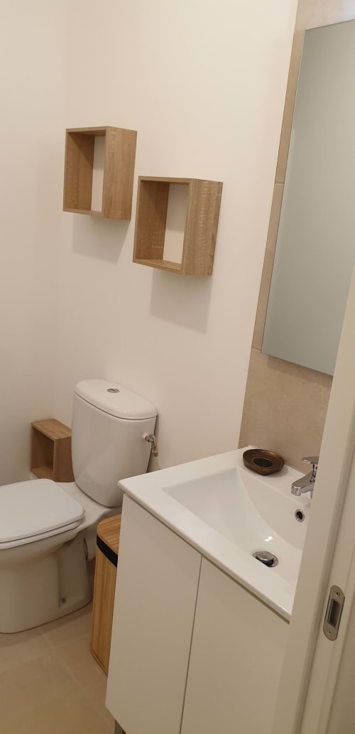 Salle de bains moderne à la Résidence Marina di Bravone avec lavabo blanc, toilettes, étagères en bois et miroir à Linguizzetta