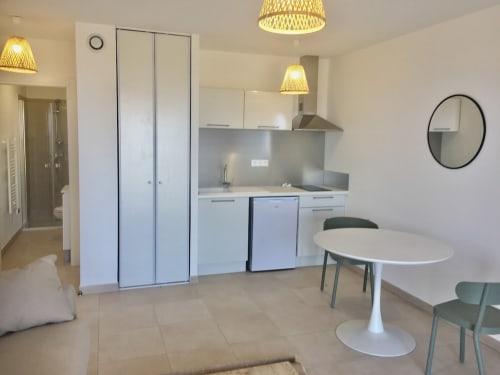 Studio moderne à la Résidence Marina di Bravone avec cuisine, séjour et mobilier contemporain