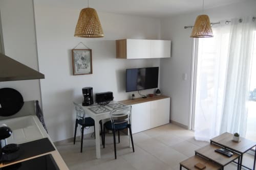 Elegante appartamento T2 a Résidence Marina di Bravone, Linguizzetta con open space, cucina, TV e accesso alla terrazza