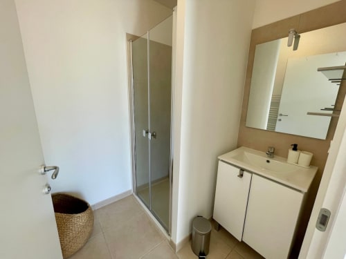 Modern bathroom at Résidence Marina di Bravone with shower, vanity, and marble flooring