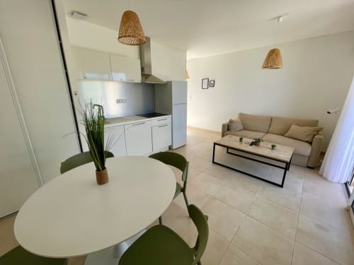 Modern open-plan apartment at Résidence Marina di Bravone with dining area, equipped kitchen, and lounge with beach access in