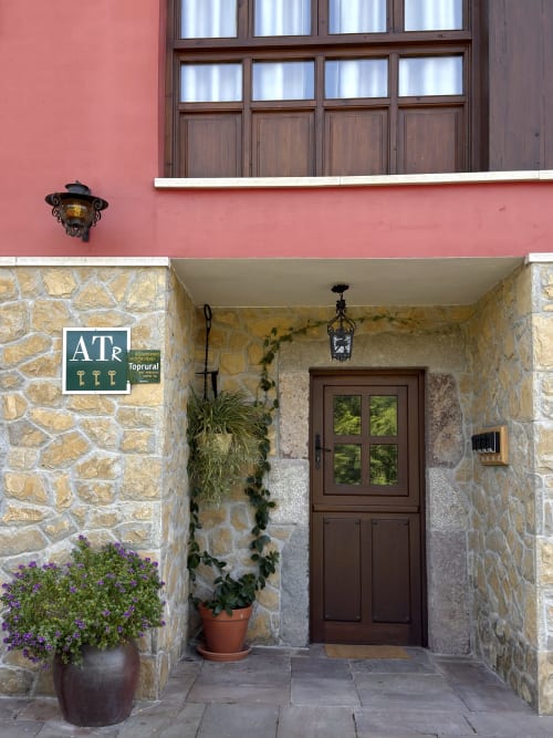 Stone entrance with brown wooden door and purple flowers at Apartamentos Rurales El Picoretu, Mestas de Con