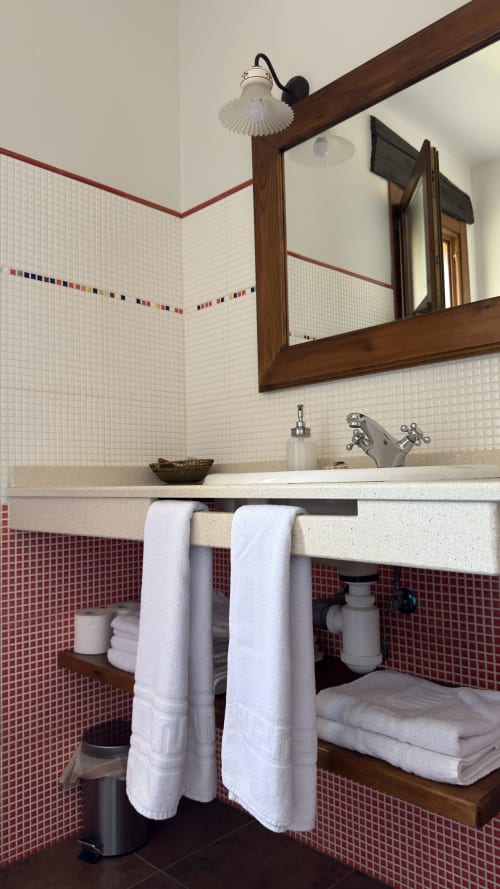 Modern bathroom at Apartamentos Rurales El Picoretu with red and white tile, wooden vanity, and chrome fixtures in Mestas de