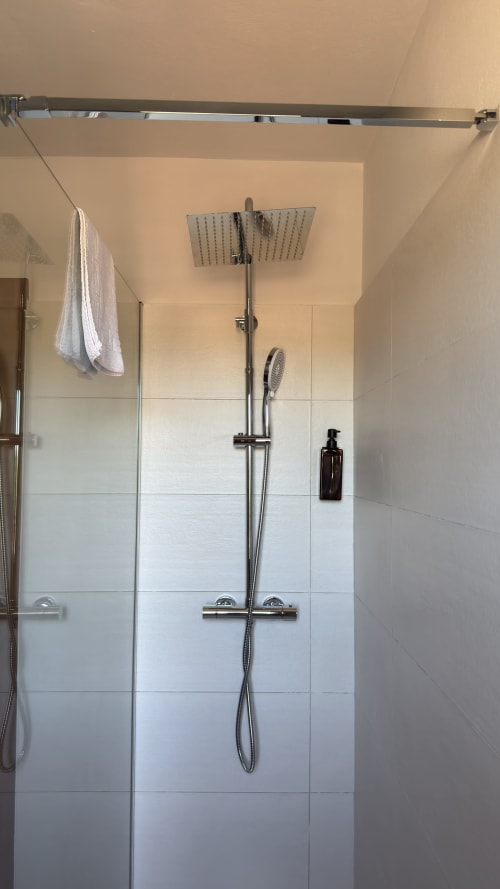 Modern shower with rainfall showerhead and handheld spray in El Picoretu rural apartments bathroom in Mestas de Con, Spain