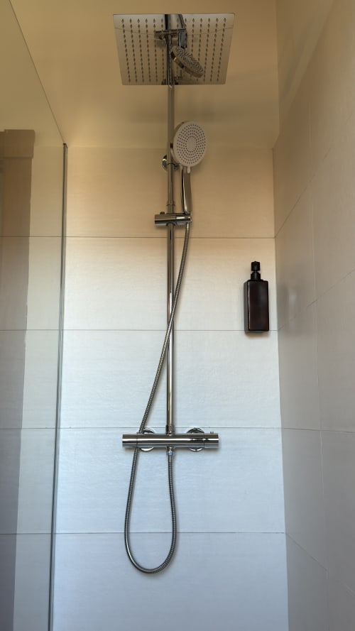 Modern shower setup with rainfall showerhead and handheld spray in Los Tueros room at El Picoretu rural apartments, Mestas de