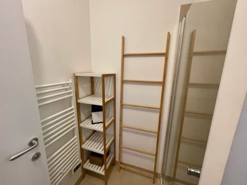 Coin salle de bains à la Résidence Marina di Bravone avec étagères en bois, porte-serviettes et douche vitrée