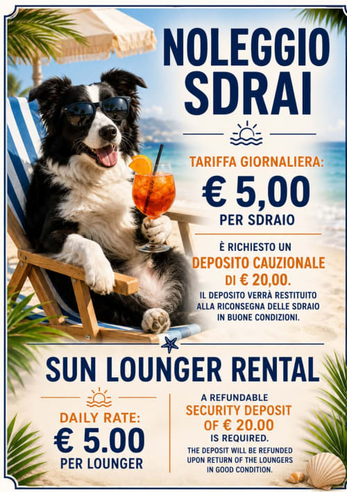 Cane in occhiali da sole su lettino. Hotel Panorama Lido di Jesolo – noleggio lettini €5 al giorno, €20 cauzione.