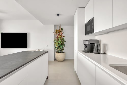 Nowoczesna biała kuchnia z szarymi blatami, zabudowanymi urządzeniami i rośliną doniczkową w apartamencie SeaView Relaxing Home