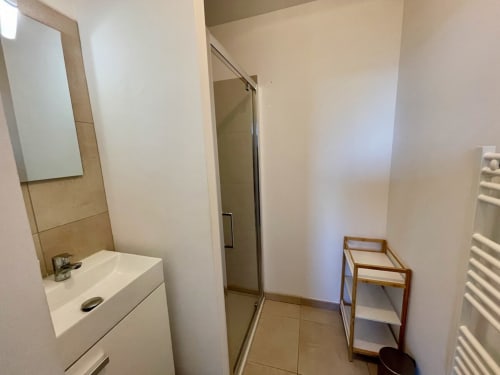 Moderno bagno dell'appartamento hotel Résidence Marina di Bravone a Linguizzetta con lavabo, specchio, doccia e portasciugamani