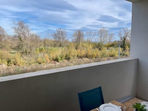 Balcony view at Résidence Marina di Bravone showing lush gardens and trees in Linguizzetta