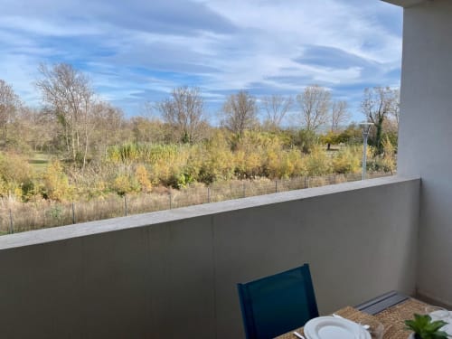 Balcony view from Résidence Marina di Bravone apartment overlooking nature and landscape in Linguizzetta
