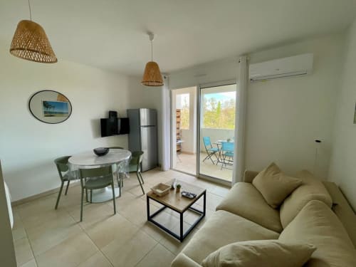 Cozy beachfront apartment at Résidence Marina di Bravone with living area, dining table, and terrace view in Linguizzetta