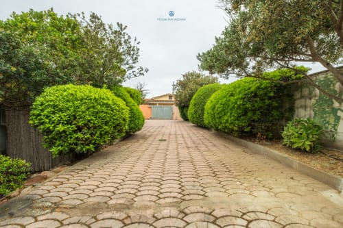 Viale asfaltato che conduce all'hotel House Live Express a Quartu Sant'Elena, fiancheggiato da siepi e alberi curati