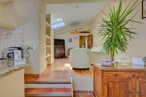 Spacieux séjour ouvert du gîte Lavande avec carrelage en terre cuite, puits de lumière, plantes en pot et mobilier bois