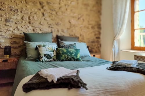 Chambre rustique au Domaine Bellavigne Gîtes à Forcalquier avec murs en pierre, literie bleue, coussins tropicaux et vue sur le jardin