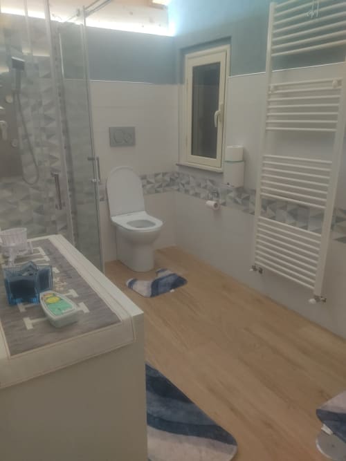 Bagno moderno dell'appartamento Villa Maria con cabina doccia, WC, scaldasalviette e pavimento in legno