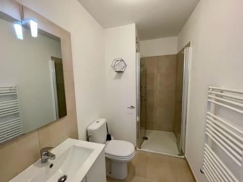Modern bathroom at Résidence Marina di Bravone in Linguizzetta with shower, toilet, sink and heated towel rails