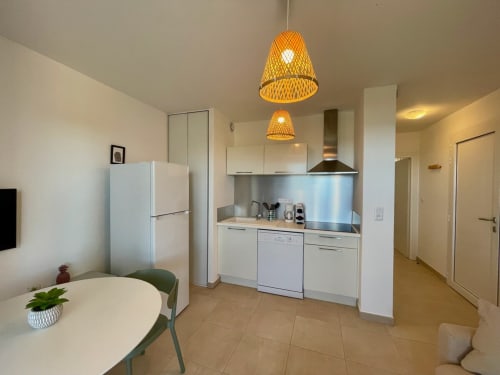 Modern kitchen and dining area in T2 apartment at Résidence Marina di Bravone, Linguizzetta