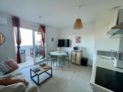 Marina di Bravone T2 apartment in Linguizzetta with open-plan living, kitchen, dining area and sea view balcony