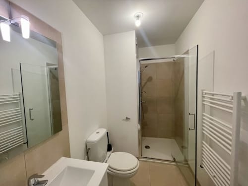 Modern bathroom at Résidence Marina di Bravone with shower enclosure, toilet, sink and heated towel racks in Linguizzetta