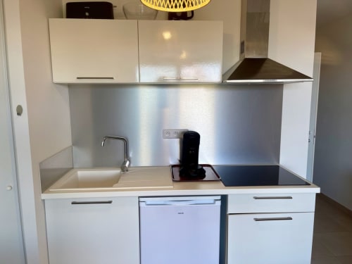 Modern kitchenette in Marina di Bravone apartment with sink, cooktop, and stainless steel backsplash