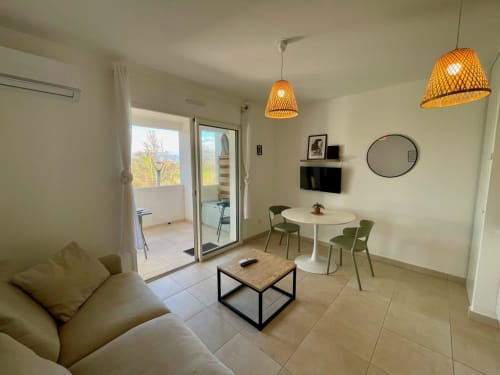 Cosy beachfront apartment at Résidence Marina di Bravone with living area, dining table, and ocean view balcony