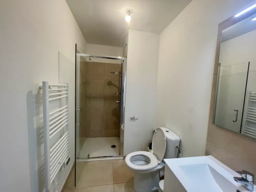 Modern bathroom at Résidence Marina di Bravone hotel in Linguizzetta with shower, toilet, sink and heated towel rail