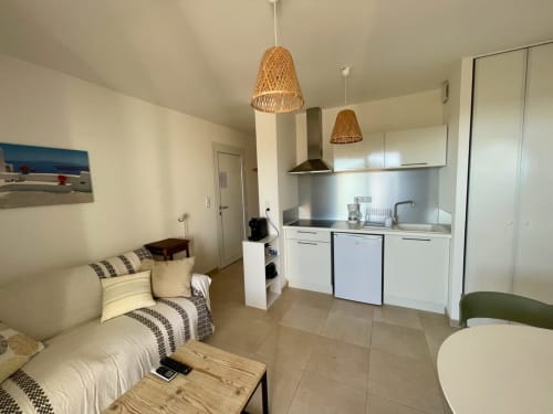 Modern studio apartment at Marina di Bravone with kitchen, sofa bed, woven pendant lights and sea view in Linguizzetta