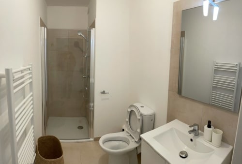 Moderno bagno nella residenza Marina di Bravone con doccia, WC, lavabo e scaldasalviette in Linguizzetta.