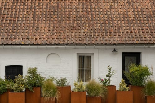 Le Moulin Moulin B&B à Dannes avec toit en tuiles rouges, façade en brique blanche et jardinières aux herbes ornementales