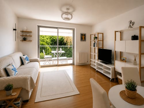 Appartement moderne et lumineux à Riviera Home avec canapé beige, étagères en bois, TV et balcon donnant sur le jardin
