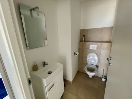 Moderno bagno presso la Résidence Marina di Bravone a Linguizzetta con lavabo, wc e pareti piastrellate