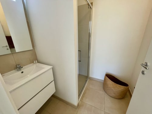 Modern bathroom at Résidence Marina di Bravone with sink, mirror, and walk-in shower in Linguizzetta