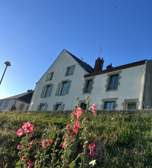 Gîte La Vue Loire Ferienhaus mit rosa Blüten und klarem blauen Himmel in Saint-Denis-de-l'Hôtel, Frankreich