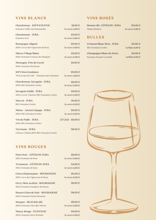 Wine list menu from Clos De La Gourmandiere featuring white, rosé, sparkling and red wines from Jura region