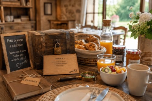 Table de petit-déjeuner charmante au Mas De La Clé D'Or avec croissants, jus d'orange et jeu de boîte à énigmes de style français à Puget
