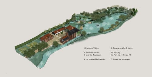 Plan du site du Moulin Moulin B&B à Dannes avec bâtiments, lac, parking et aménagements paysagers