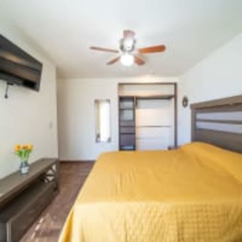 Habitación luminosa en Apartamentos Posada Country, Guadalajara, con ropa de cama amarilla, ventilador de techo y mobiliario moderno