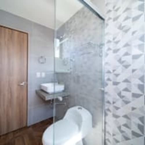 Baño moderno con muro de ducha de azulejos mosaico blancos, cierre de vidrio, inodoro y puerta de madera en Apartamentos Posada Country,