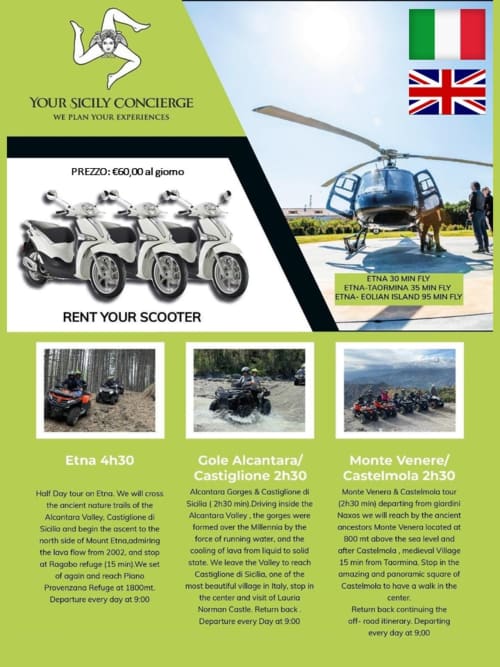 I pacchetti tour di Sicily Concierge: noleggio scooter €60/giorno, voli in elicottero, avventure in quad nelle valli dell'Etna