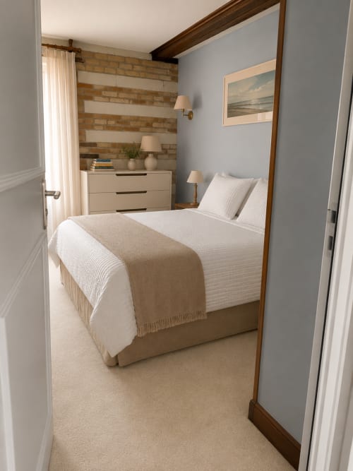 Chambre douillette à la Maison Nolette B&B à Noyelles sur Mer avec lit à baldaquin en bois et mur de briques rayé